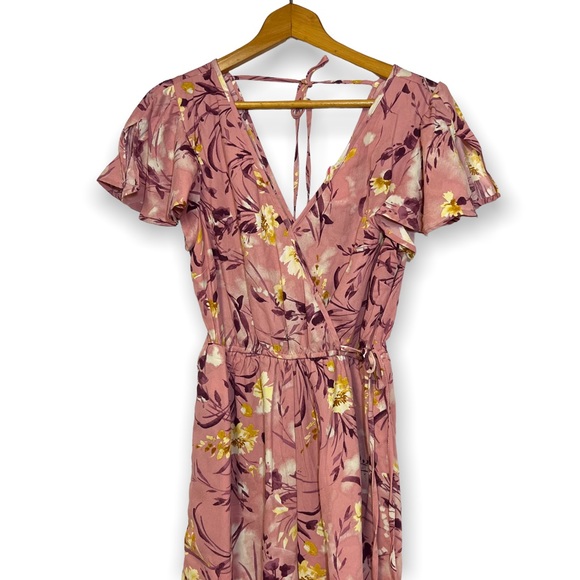 Bog Collective Pink Mauve Floral Surplice Wide Leg Jumpsuit SZ S - Picture 1 of 9